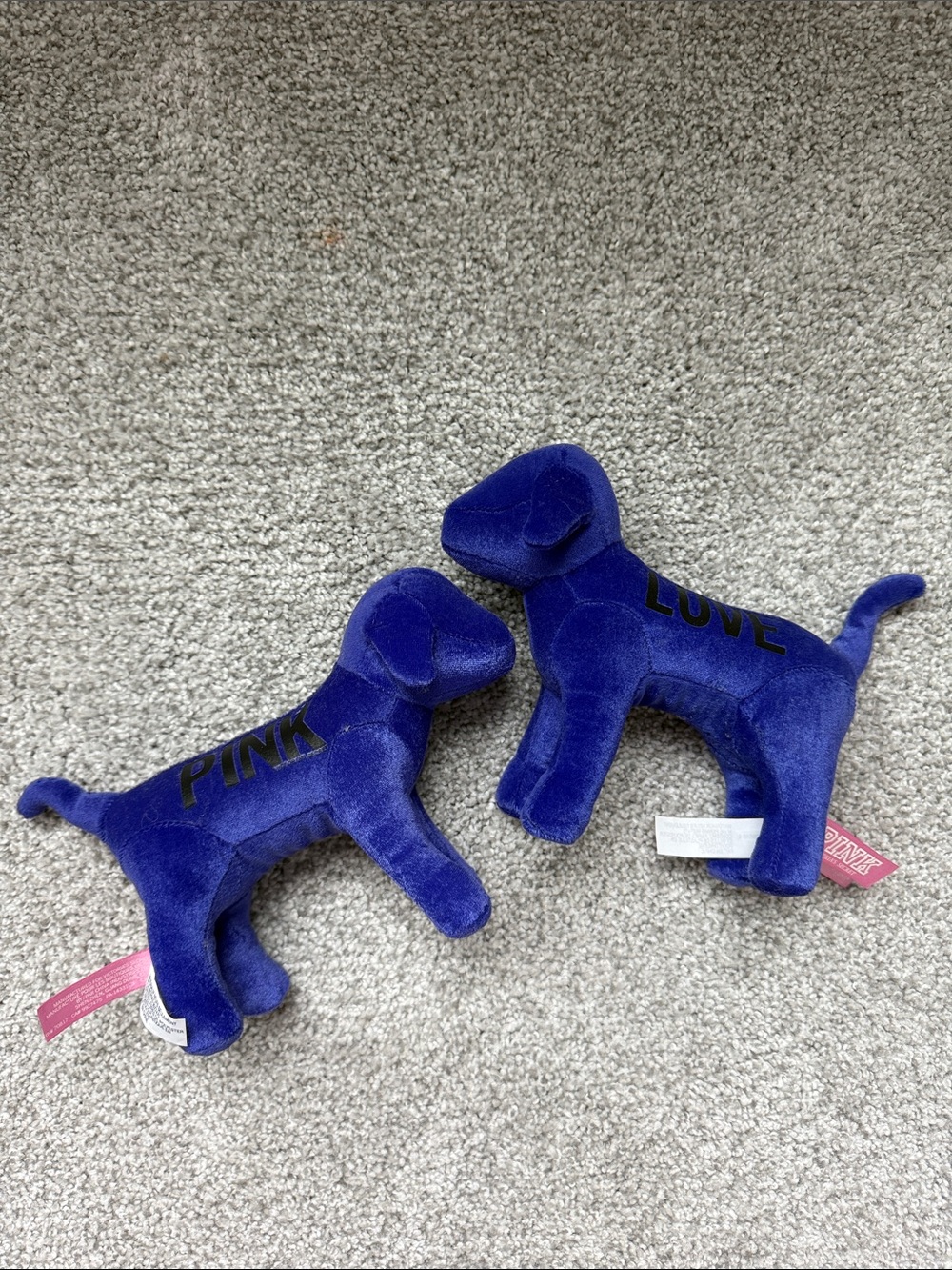 PINK Victoria's Secret Plush Dog Toy Pair in Deep Blue with 'PINK' and 'LOVE'